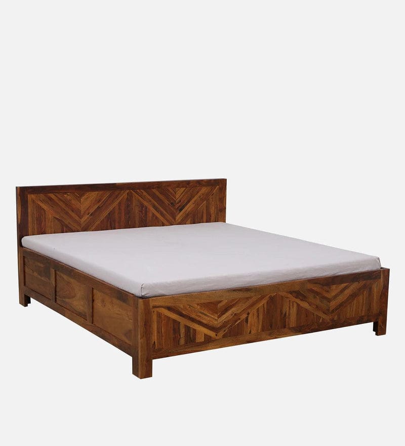 Sheesham Wood King Size Bed With Box Storage in Light Honey Finish